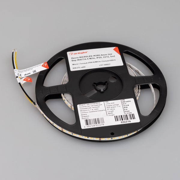 Лента MICROLED-M280-8mm 24V White-MIX (16.5 W/m, IP20, 2216, 5m) (Arlight, Изменяемая ЦТ)