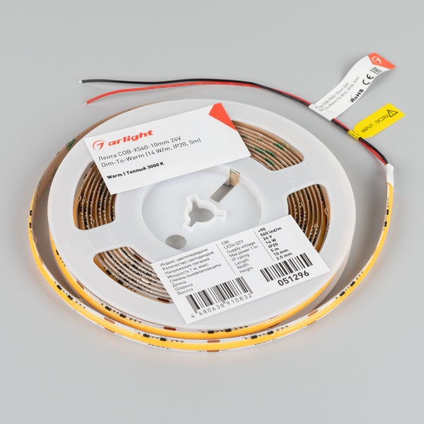 Лента COB-X560-10mm 24V Dim-To-Warm (14 W/m, IP20, 5m) (Arlight, Dim-To-Warm)