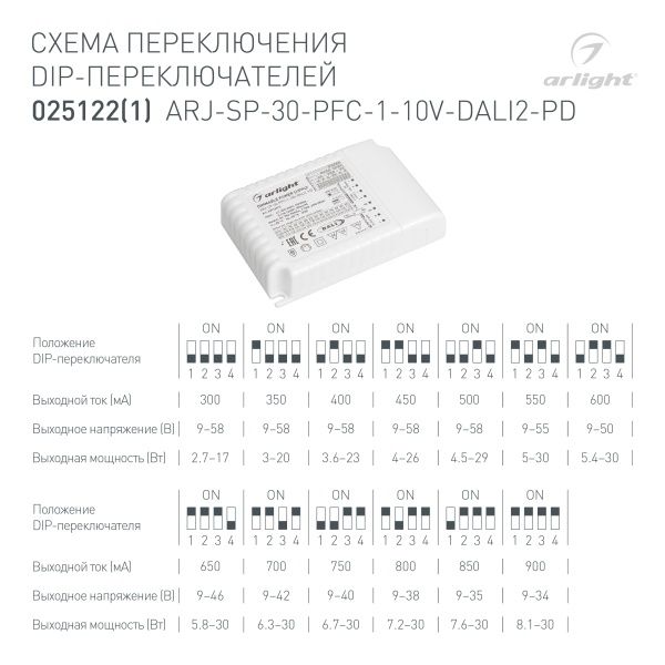 Блок питания ARJ-SP-30-PFC-1-10V-DALI2-PD (30W, 300-900mA) (Arlight, IP20 Пластик, 5 лет)