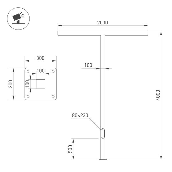 Опора OXOR-STER-T-2000x100x100-L4000-50W Warm3000 (BK, 230V) IP65 (Arlight, Сталь)