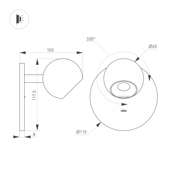Светильник SP-OTTORI-WALL-CHARGE-6W Warm3000 (BK, 30 deg, 230V, USB-C) (Arlight, IP20 Металл, 3 года)